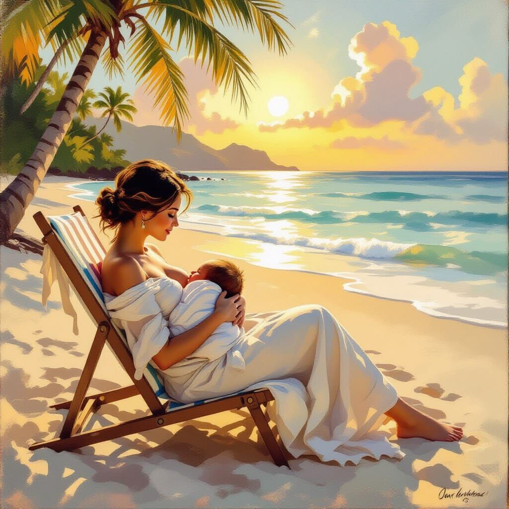 Motherhood Moment: Breastfeeding on a Serene Island Beach