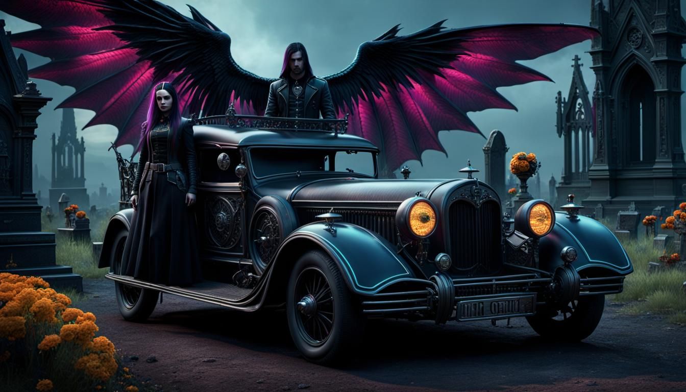 Gothic Steampunk Vehicle in Cemetery, Photorealistic