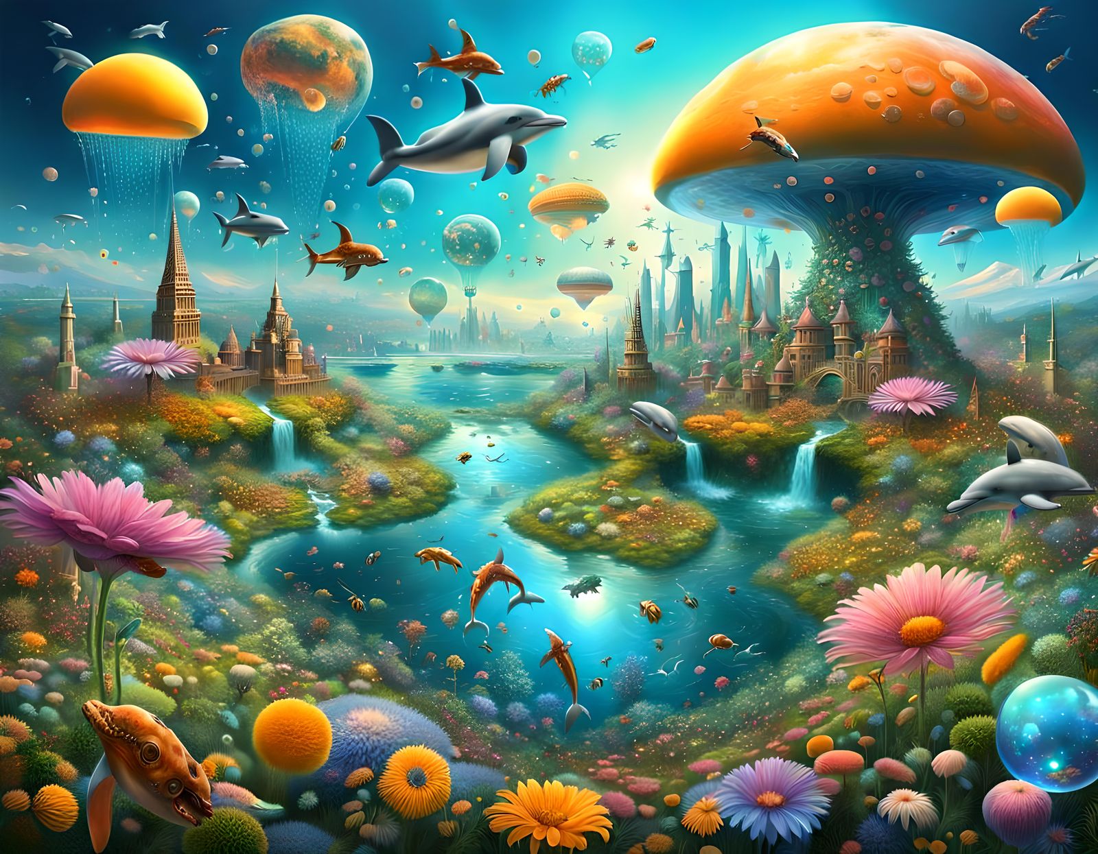 Hyperreal Reversed Landscape with Flying Cities