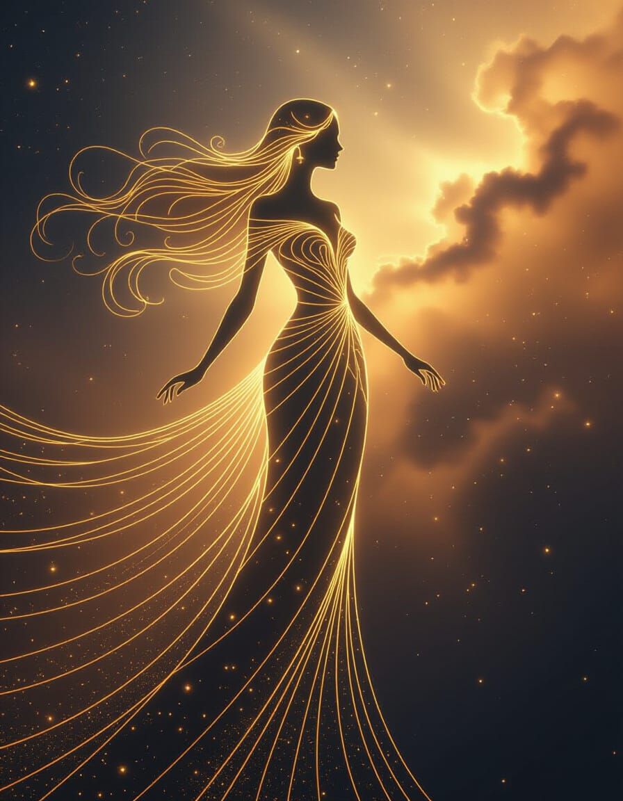 Starborn Oracle in Golden Celestial Dress
