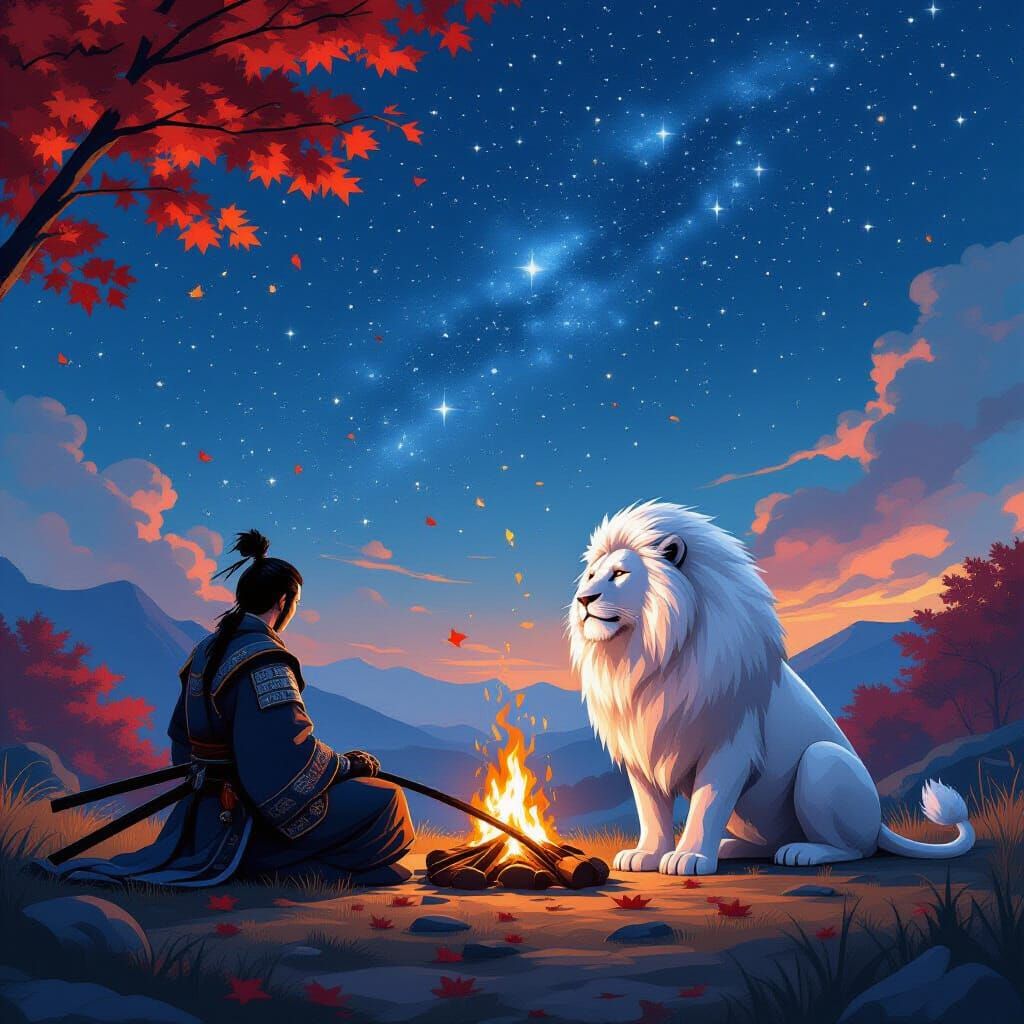 Samurai and Lion Autumn Bonfire Under the Stars