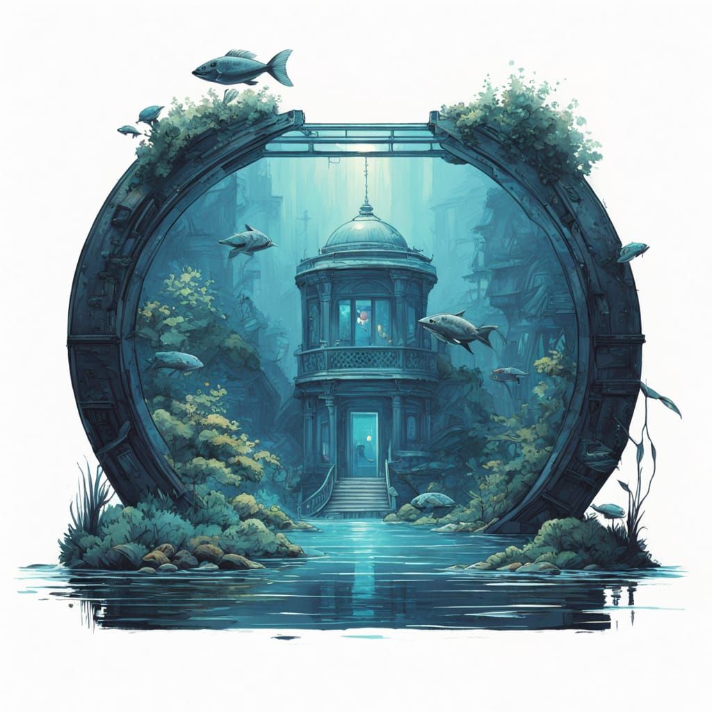 Black and white pen and ink drawing of an aquarium with a blue ink wash over the water