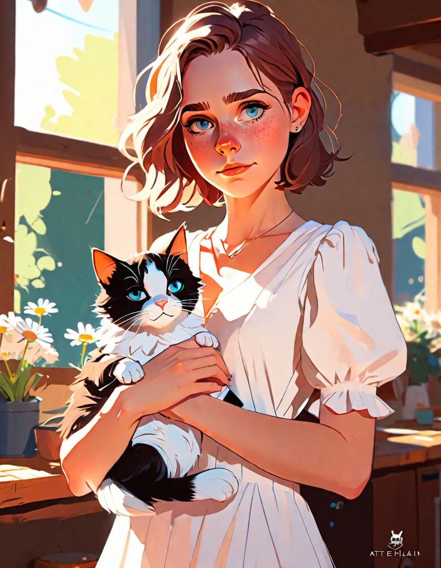 Disney Style Girl Holds Cute Chibi Cat