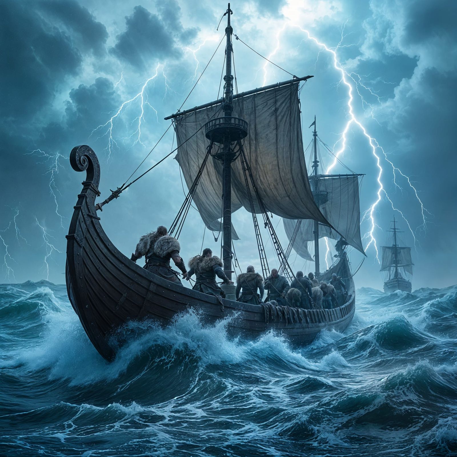 Viking Drakkar in Epic Storm, Cinematic Photography