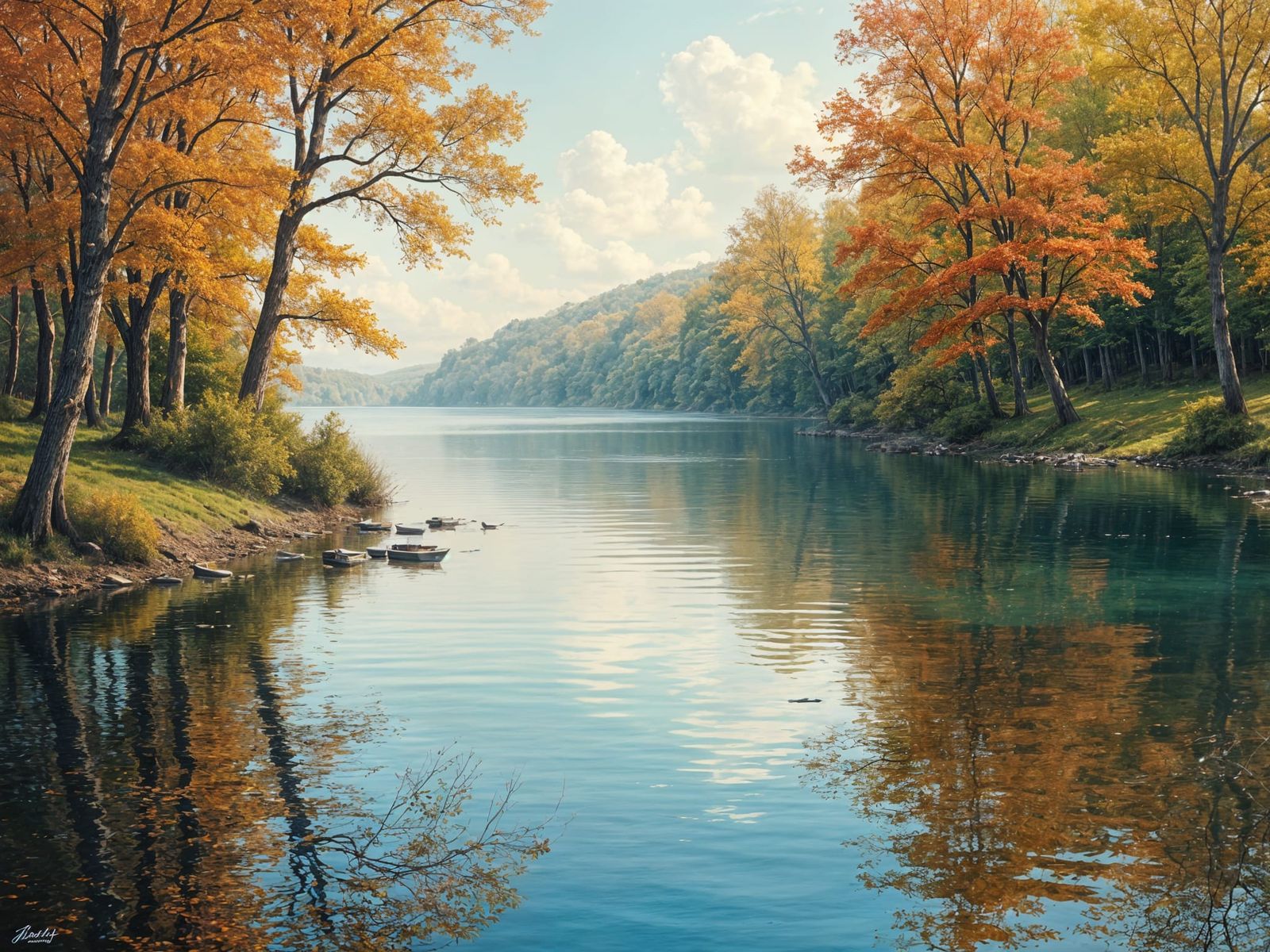 Serene Lakeside Scene in Traditional American Realism