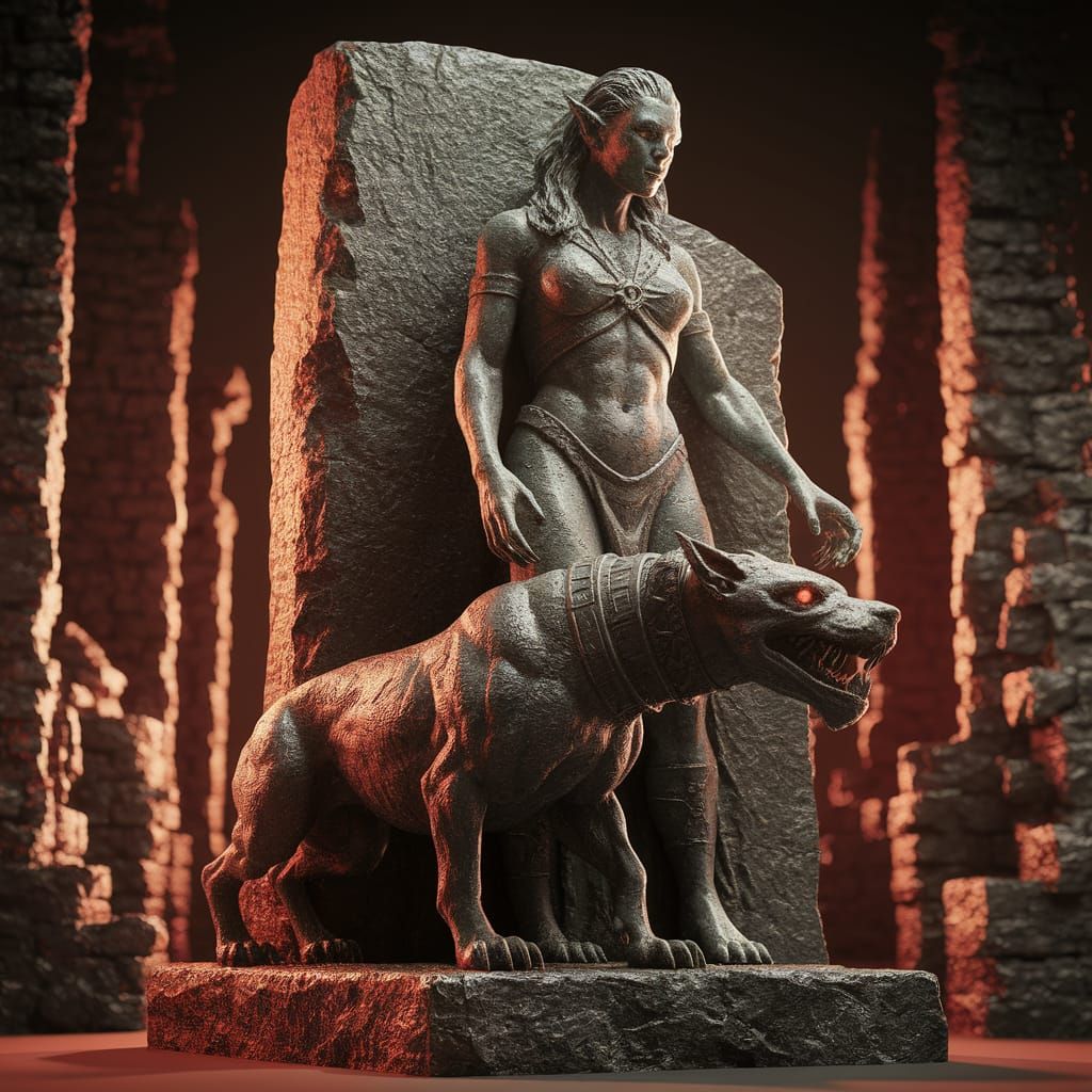 Granite Statue: Orc Warrior and Demon Dog