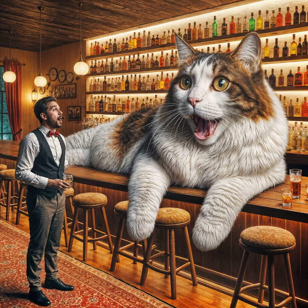 Humorous Bar Scene with Oversized Cat