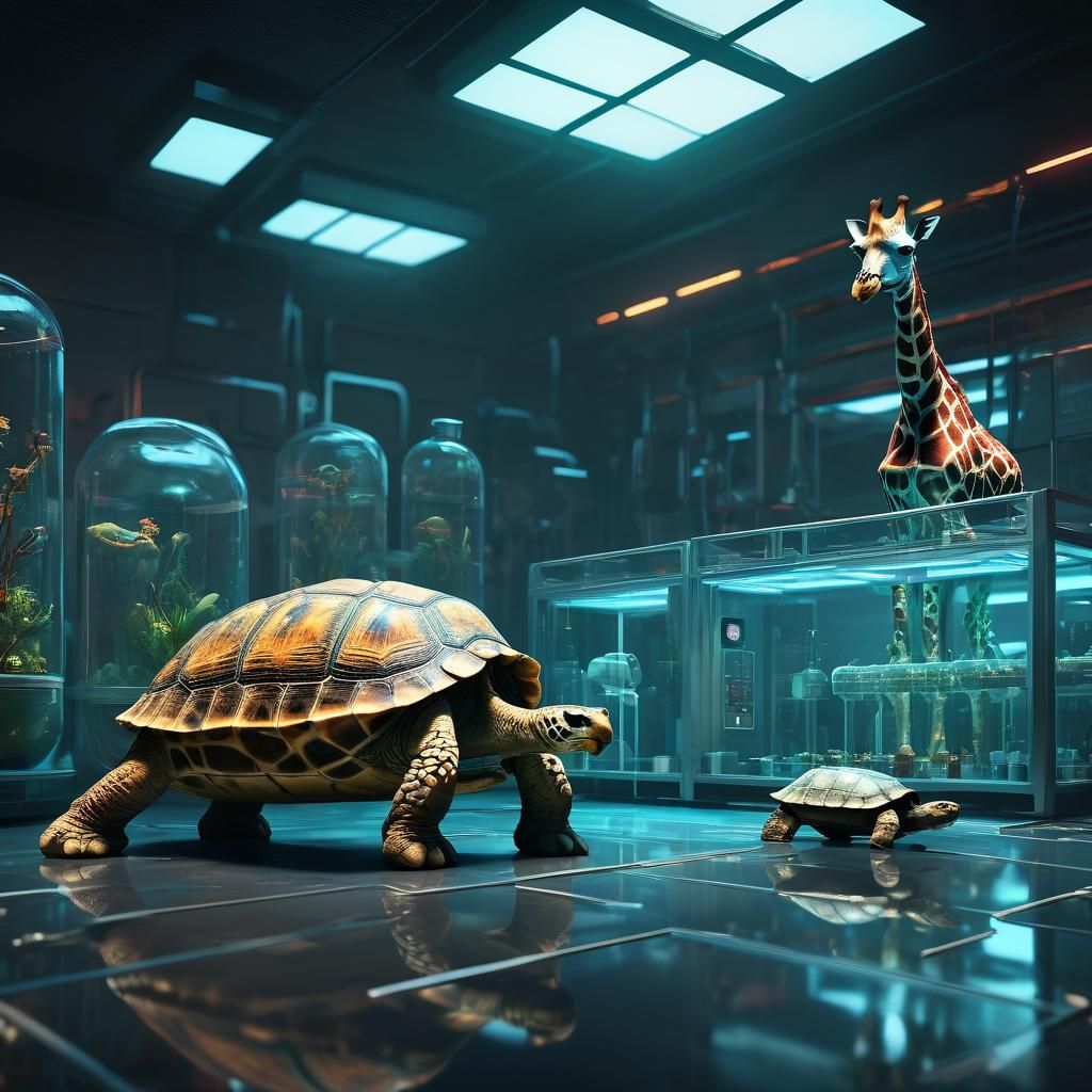 Giraffe and Turtle in Futuristic Lab Capsules