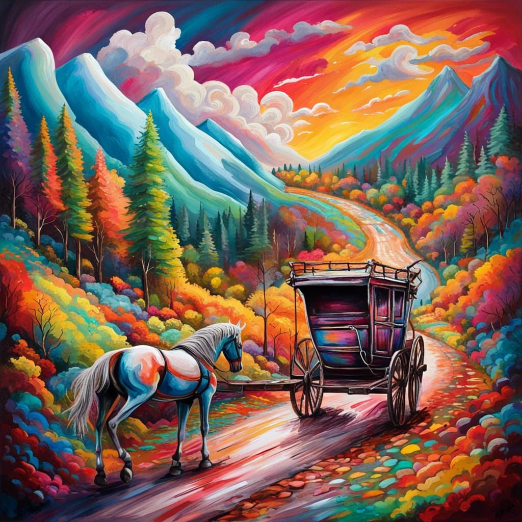 Carriage on Mountain Path in Graffiti Art Style
