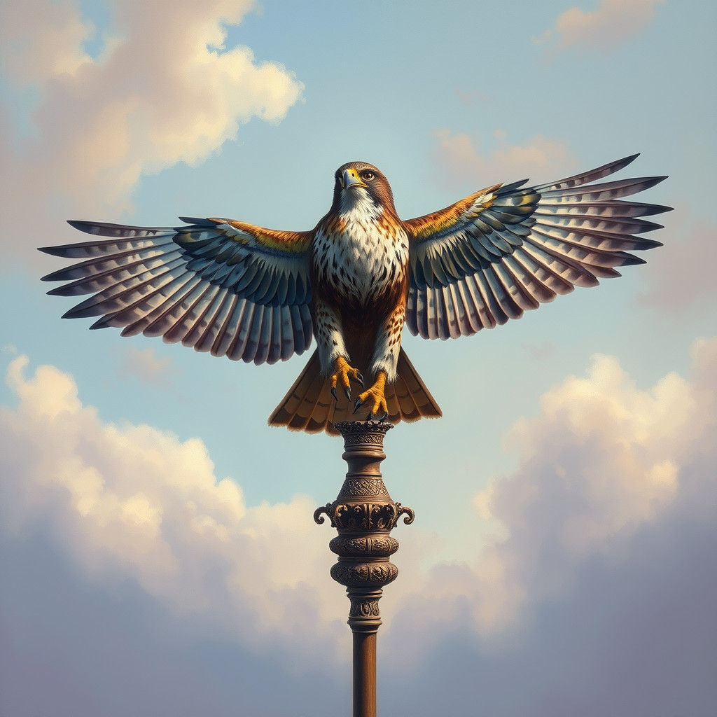 Falcon on Staff: A Gouache-Style Mystical Realism
