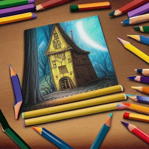 Fairytale Book with Crayon Pencils in Naive Style