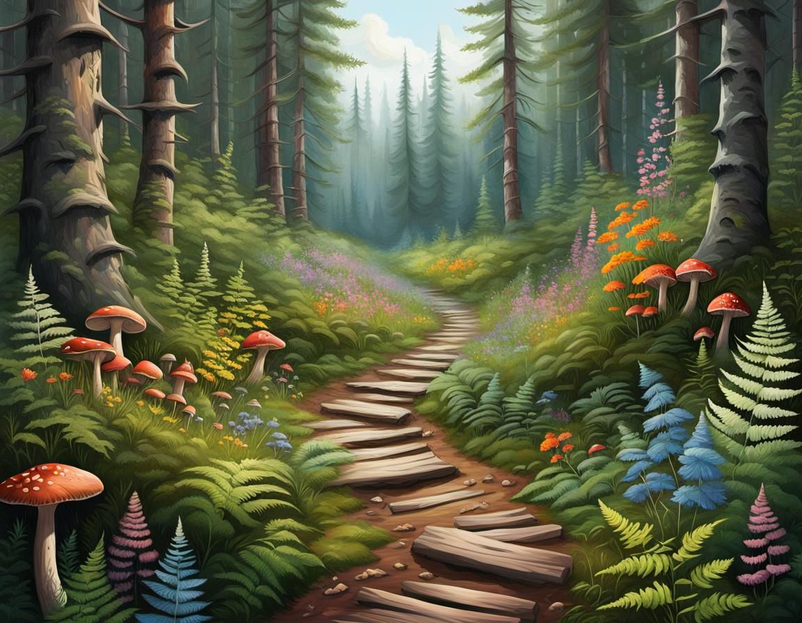 Boreal Forest Path with Wildflowers: Hyperrealistic Concept ...