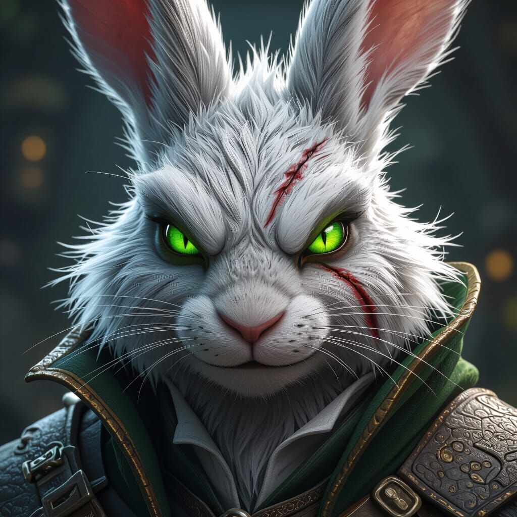 Fantasy D&D Rabbit Warrior With Scarred Face and Green Eyes