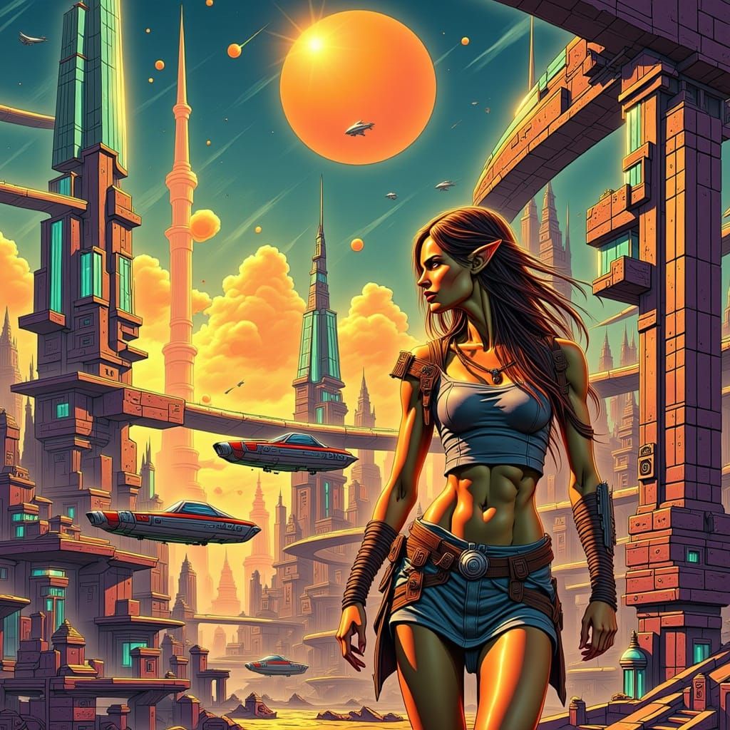 Elven Woman in Retro-Futuristic Cityscape Illustration