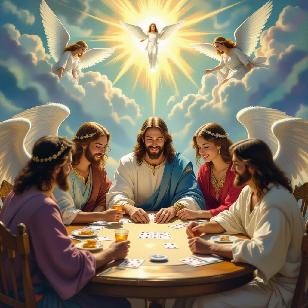 Archangels and Angels Playing Cards in Heaven with Jesus