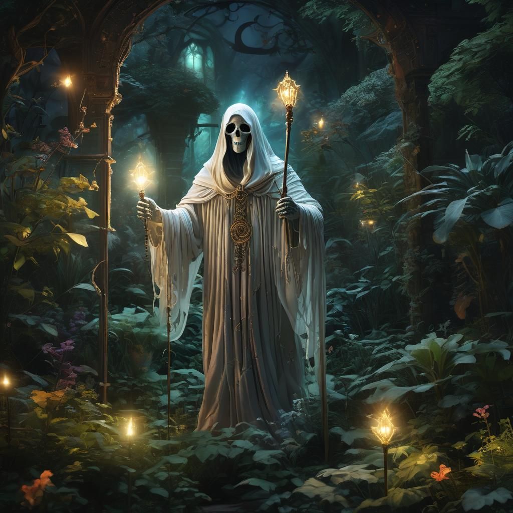 Kind Ghost with Sparkling Staff in Magical Garden