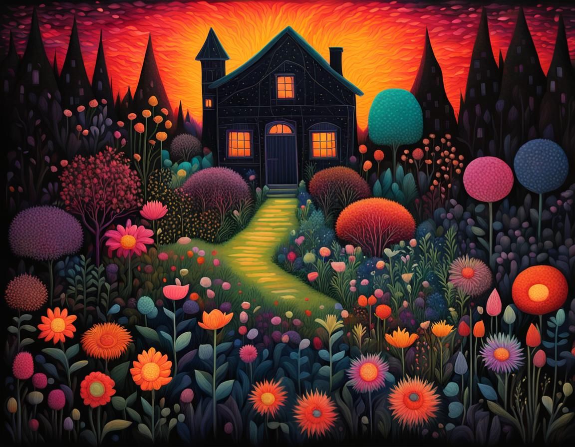 Neon Garden in Black Light Art Style
