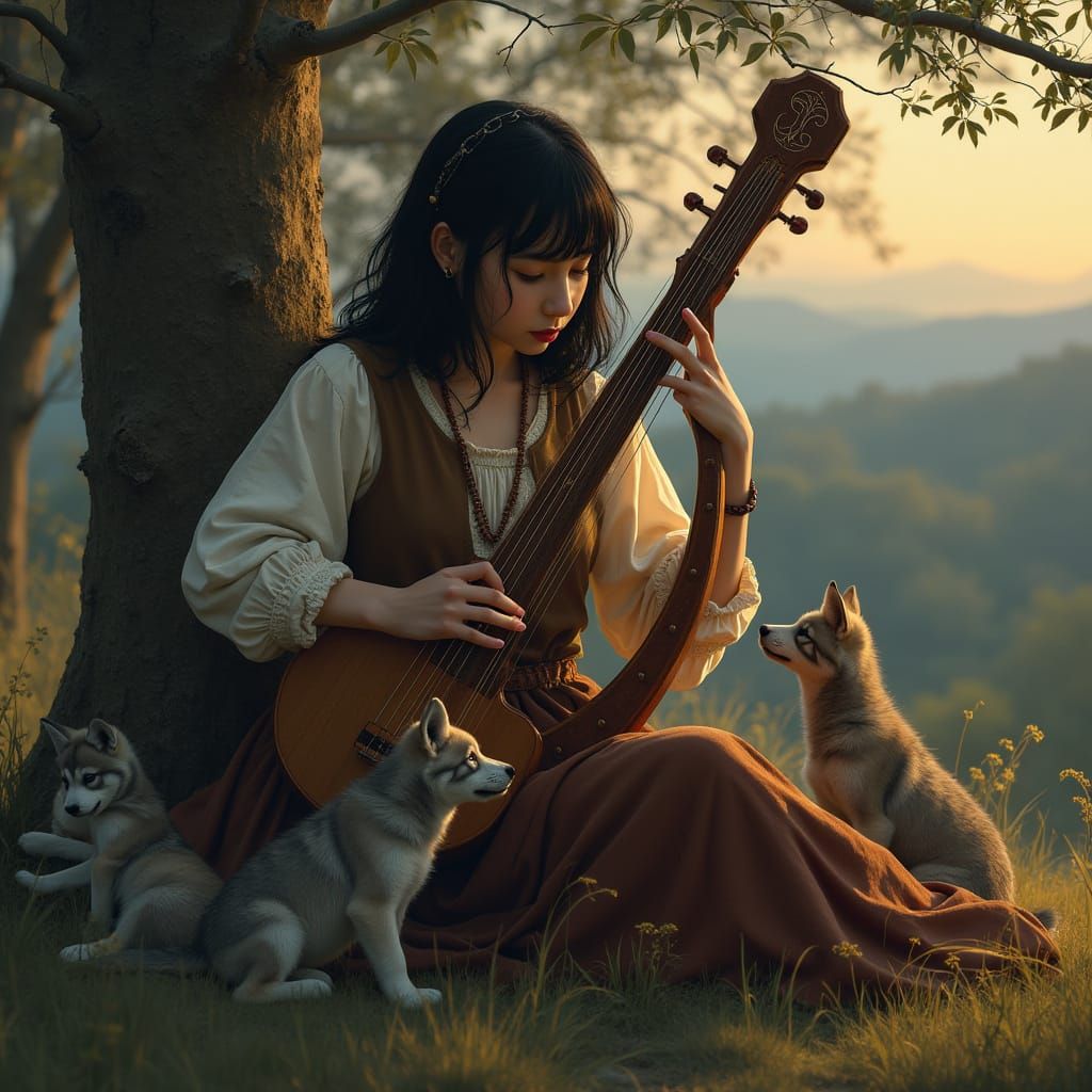 Woman with Lyre and Wolf Pups, Hyperrealistic Style