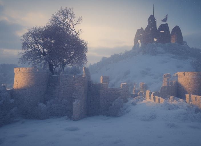 Snowy Medieval Castle Ruins at Golden Hour