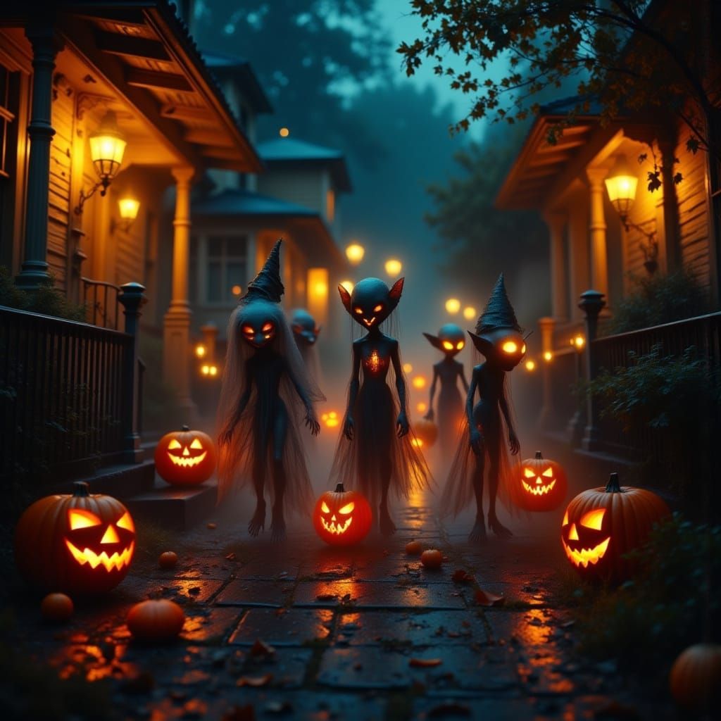 Aliens Trick-or-Treating in Realistic Sci-Fi Halloween Scene