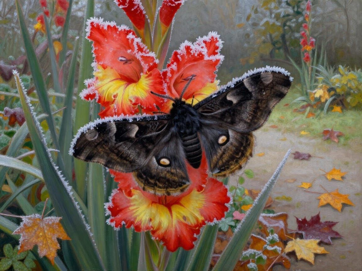 Fine Art Painting of Moth on Frosty Gladiolus Flowers