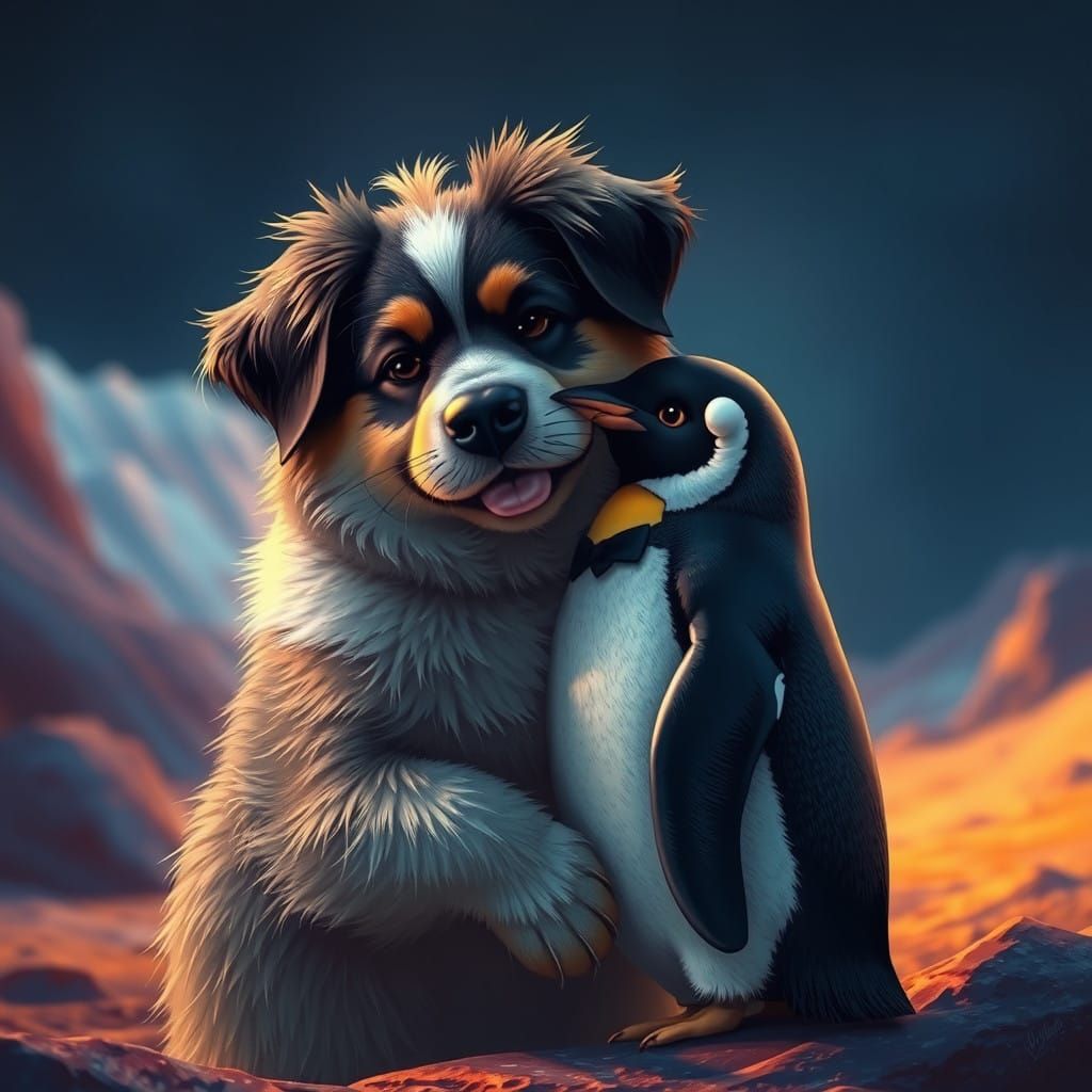 Fantasy Friends Embracing in a Dreamlike Landscape