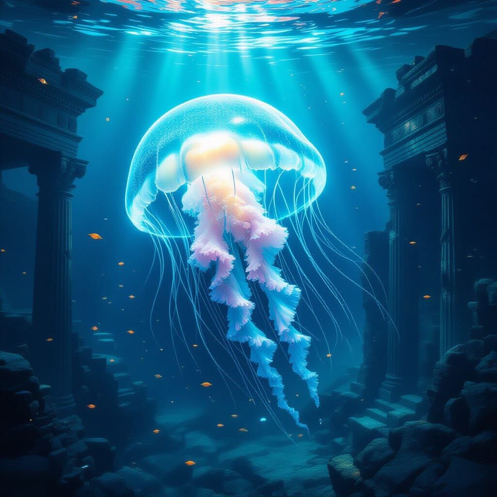 Bioluminescent Jellyfish in Sunken Ancient City