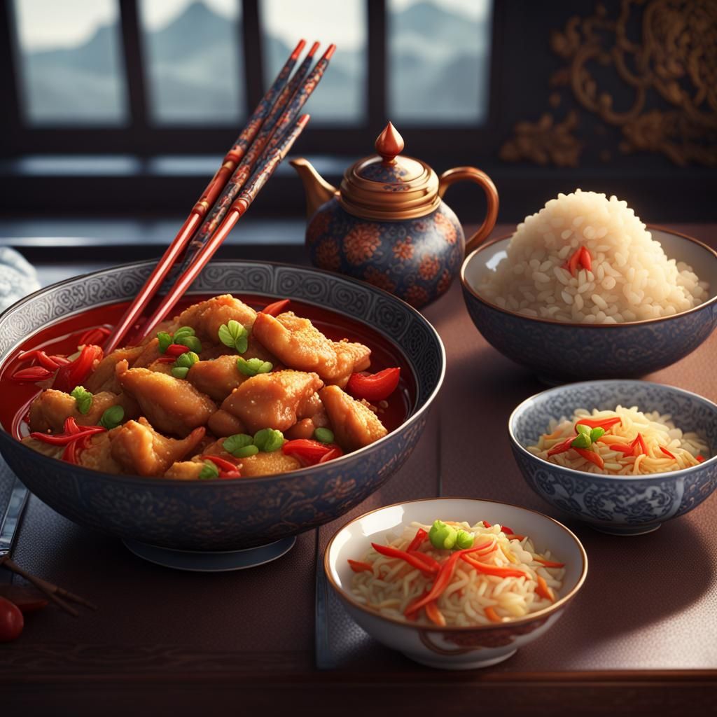 Sweet and Sour Chicken Still Life, Detailed Digital Art