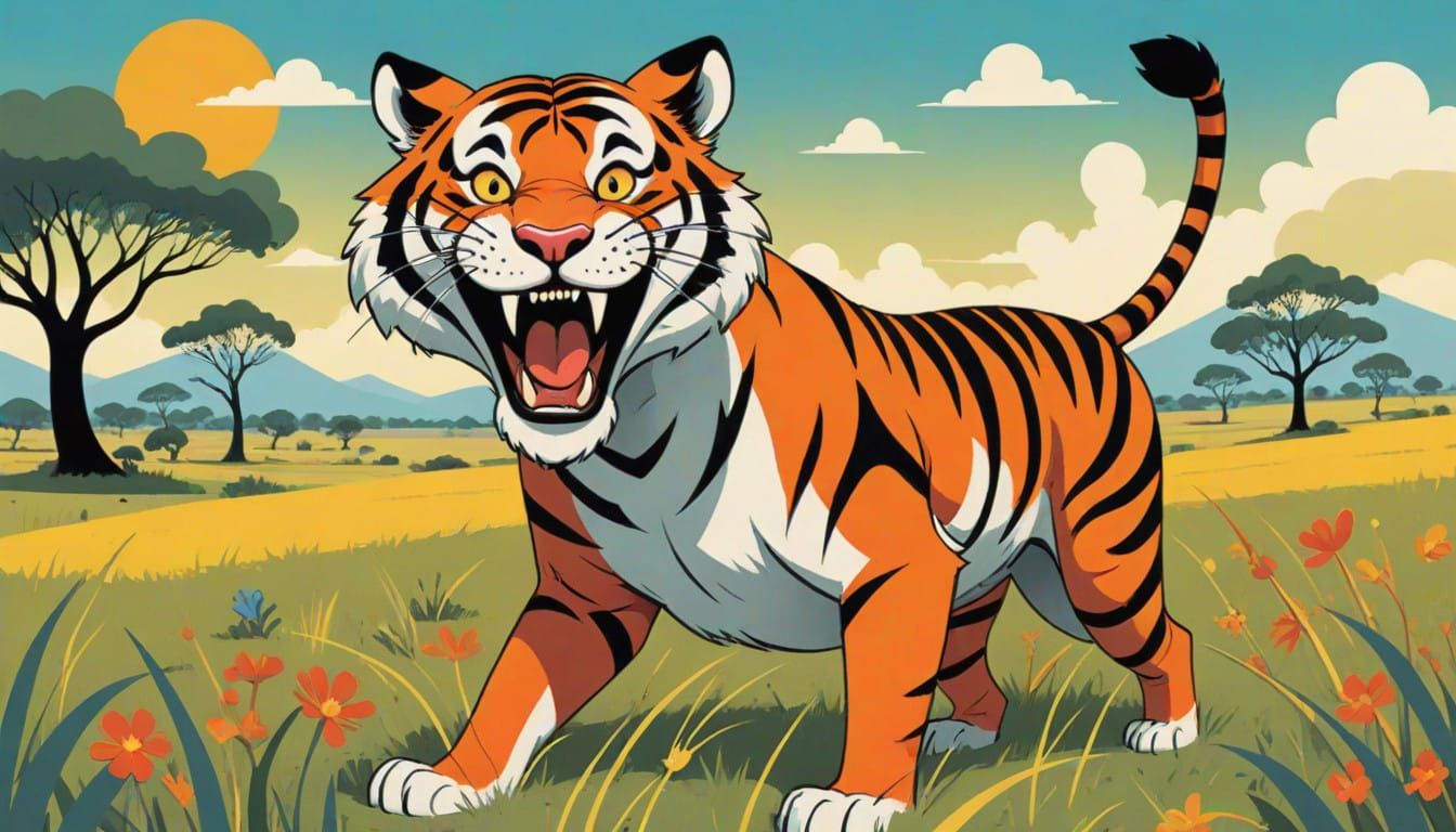 Tony the Tiger Devours Antelope in Vibrant Cartoon Style