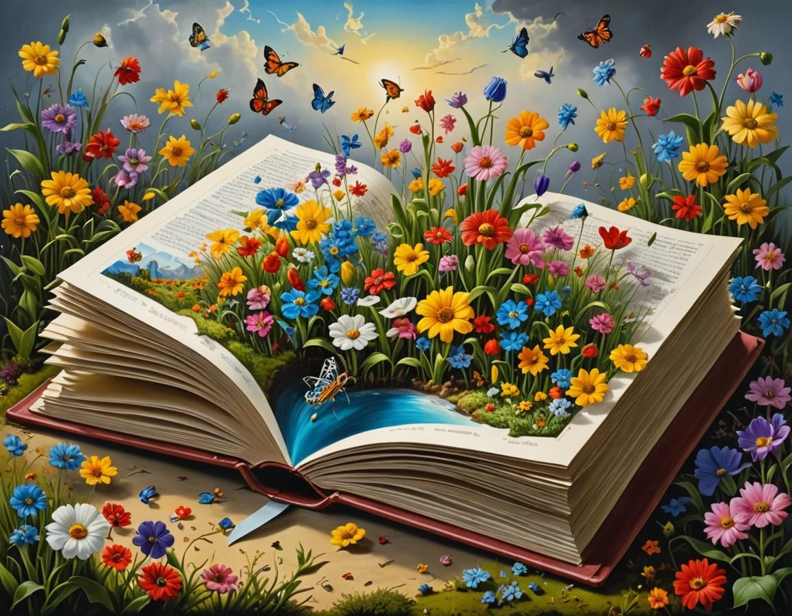 open pop up book with beautiful garden of flowers lifting fr...