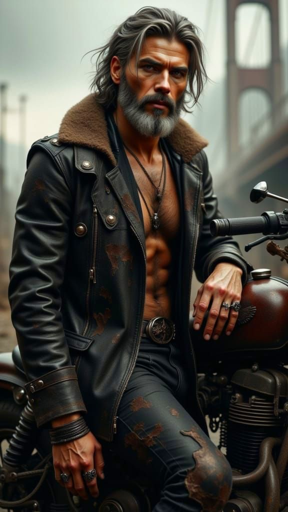 Rugged Biker and Motorcycle in Dramatic Light