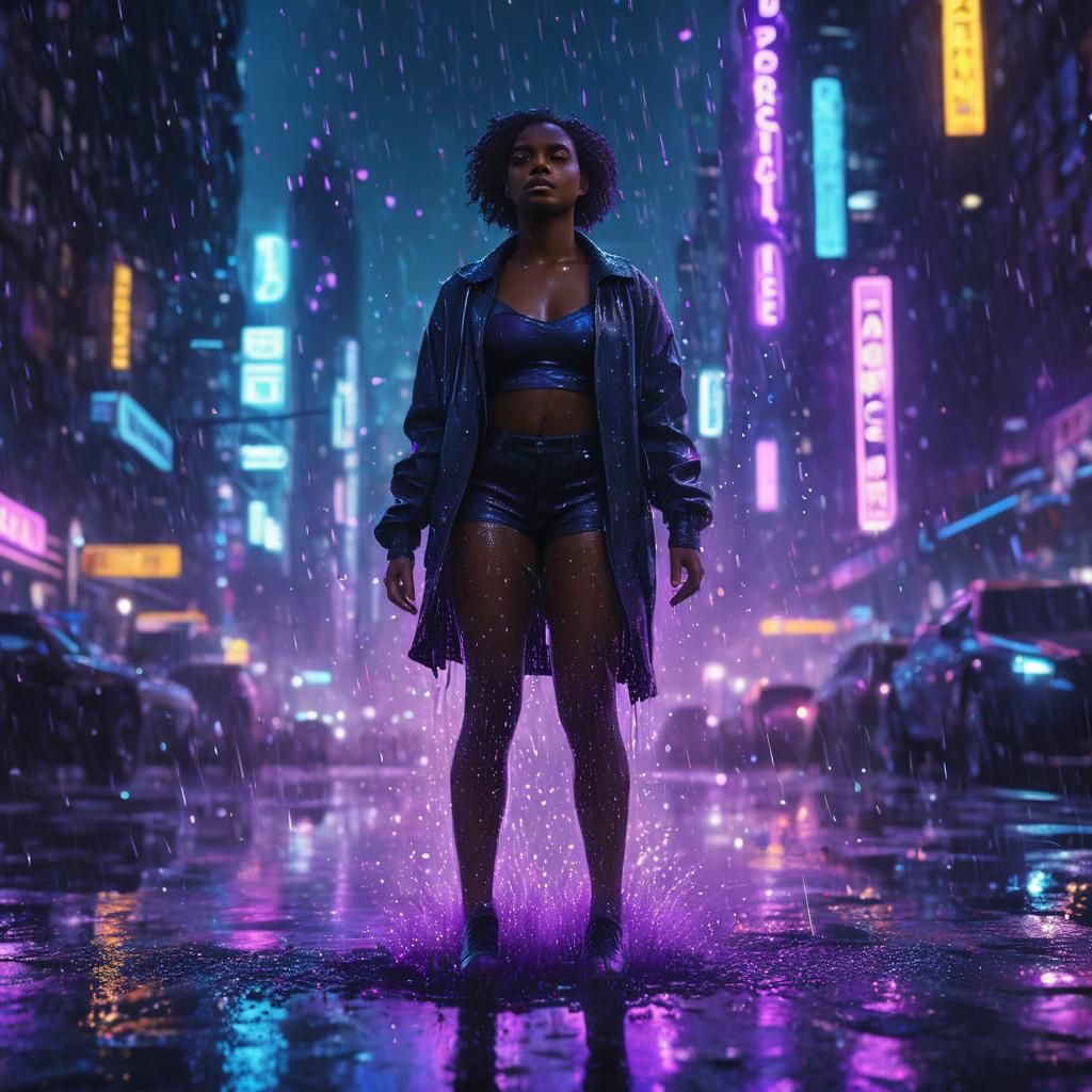 Woman Dissolving into Particles in Cyberpunk Cityscape