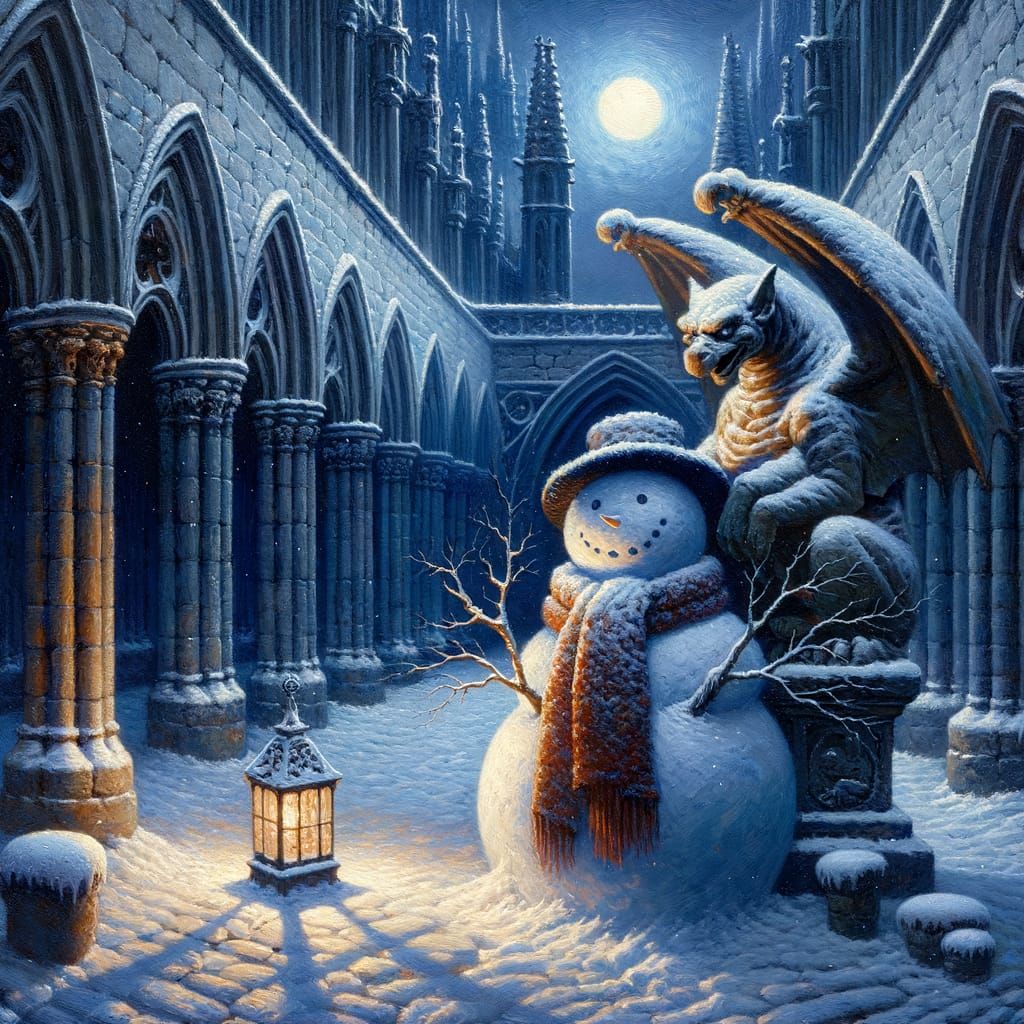 Snowman and Gargoyle in Winter Courtyard: Oil Painting