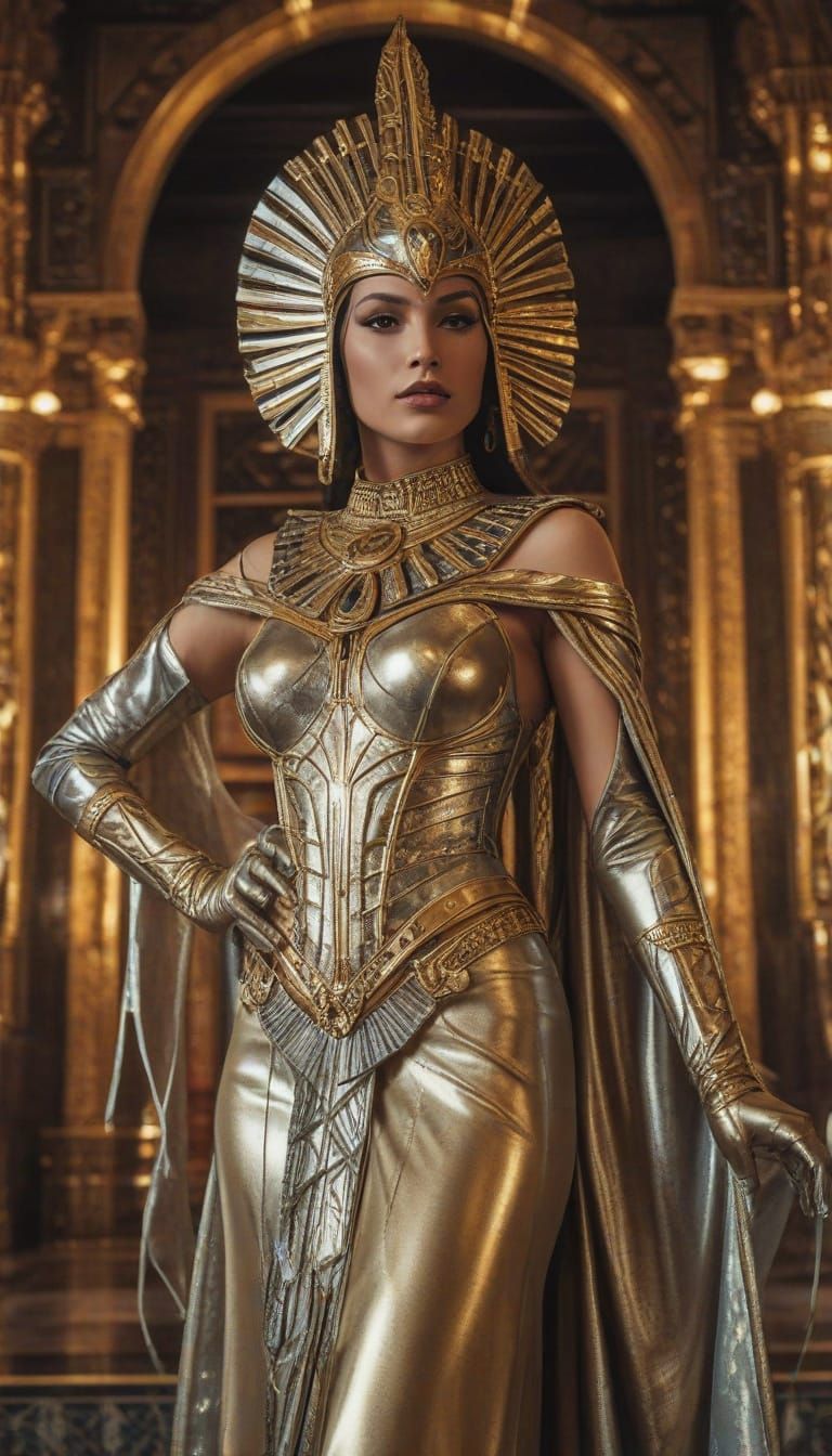 Egyptian Princess in Futuristic Headdress and Latex Armor