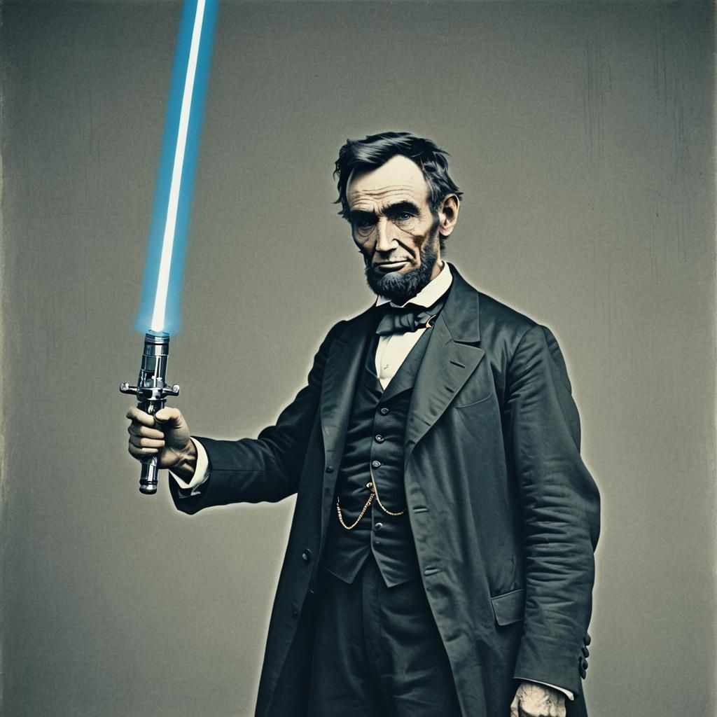 Abraham Lincoln Lightsaber Duel in Futuristic Poster Art