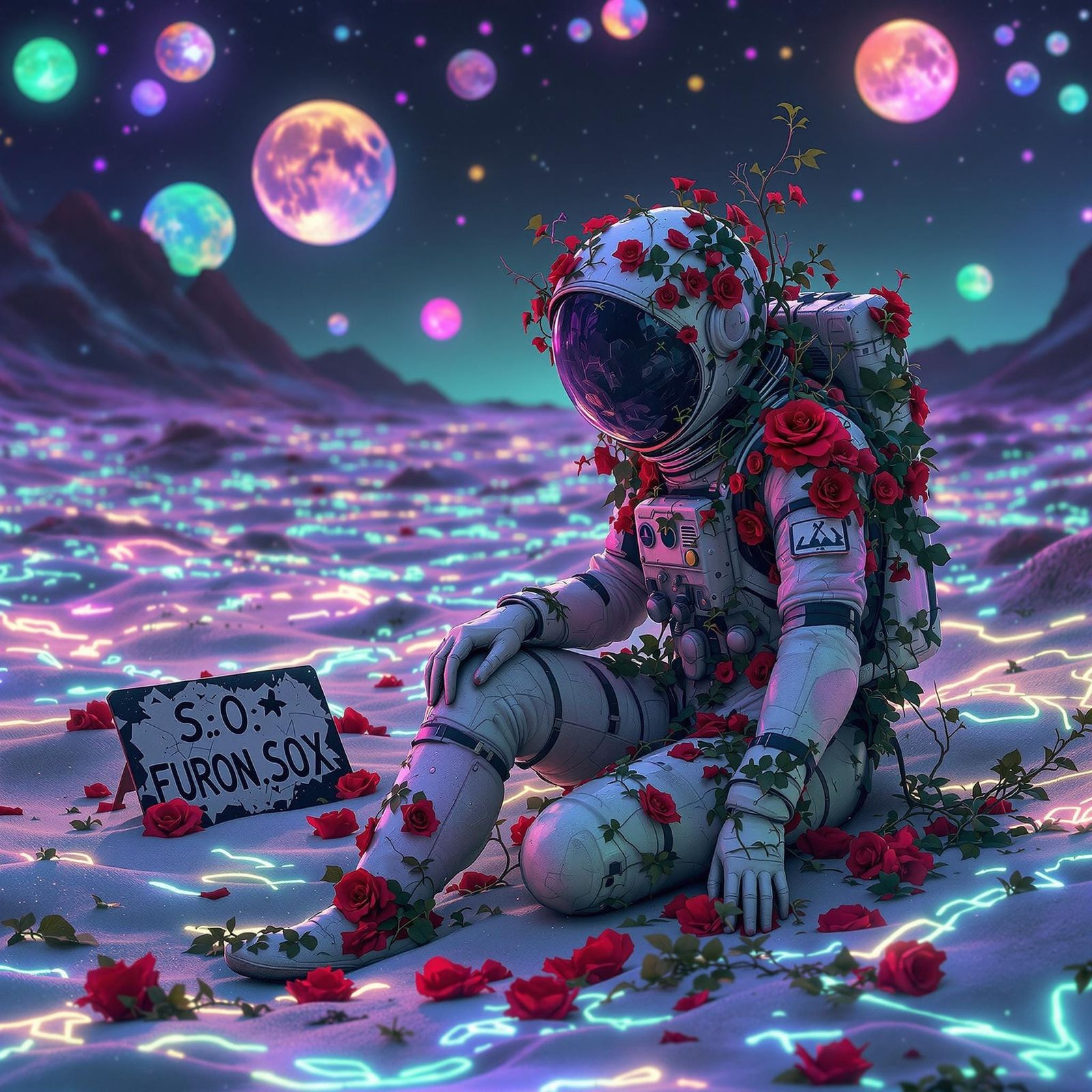 Astronaut Among Bioluminescent Waves: Psychedelic Dreamscape