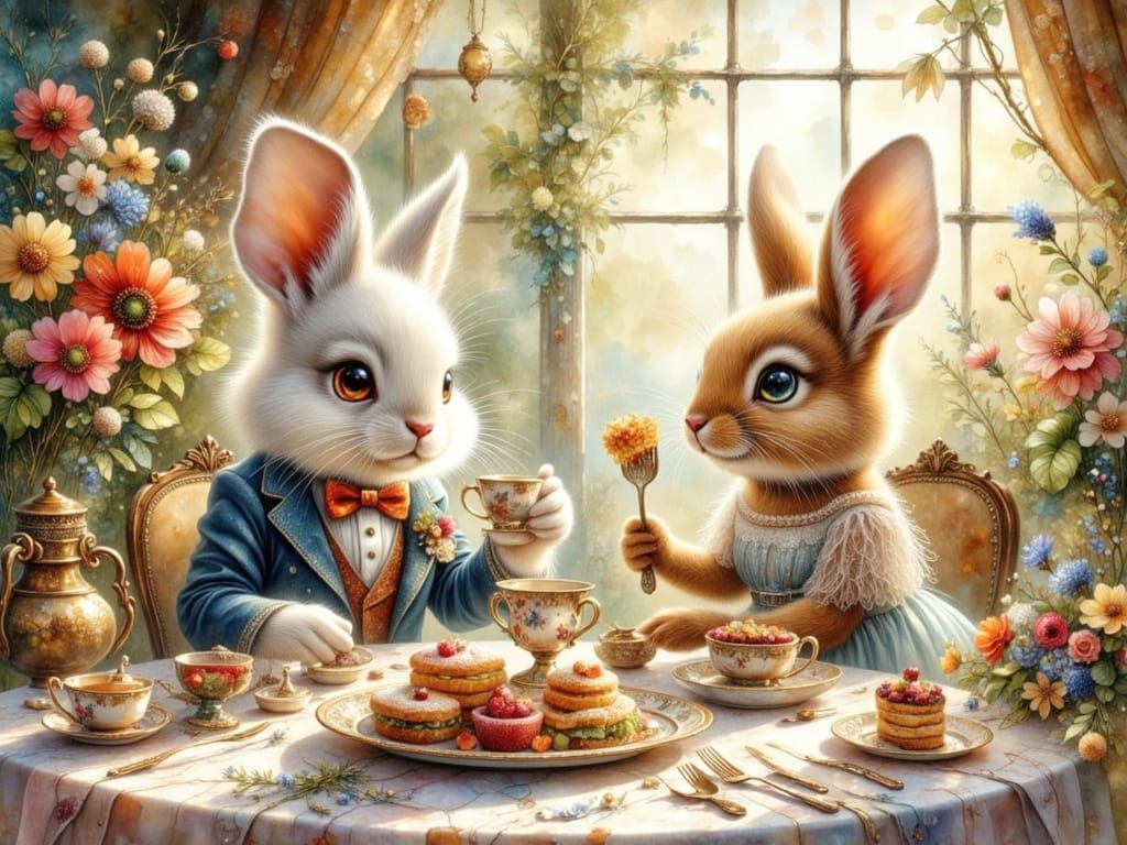 Rabbits' Tea Party in Beatrix Potter Style