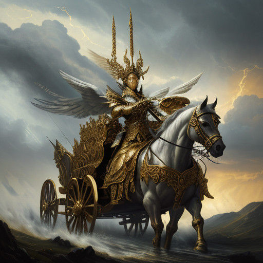 Regal Figure Rides Lavish Chariot in Stormy Sky