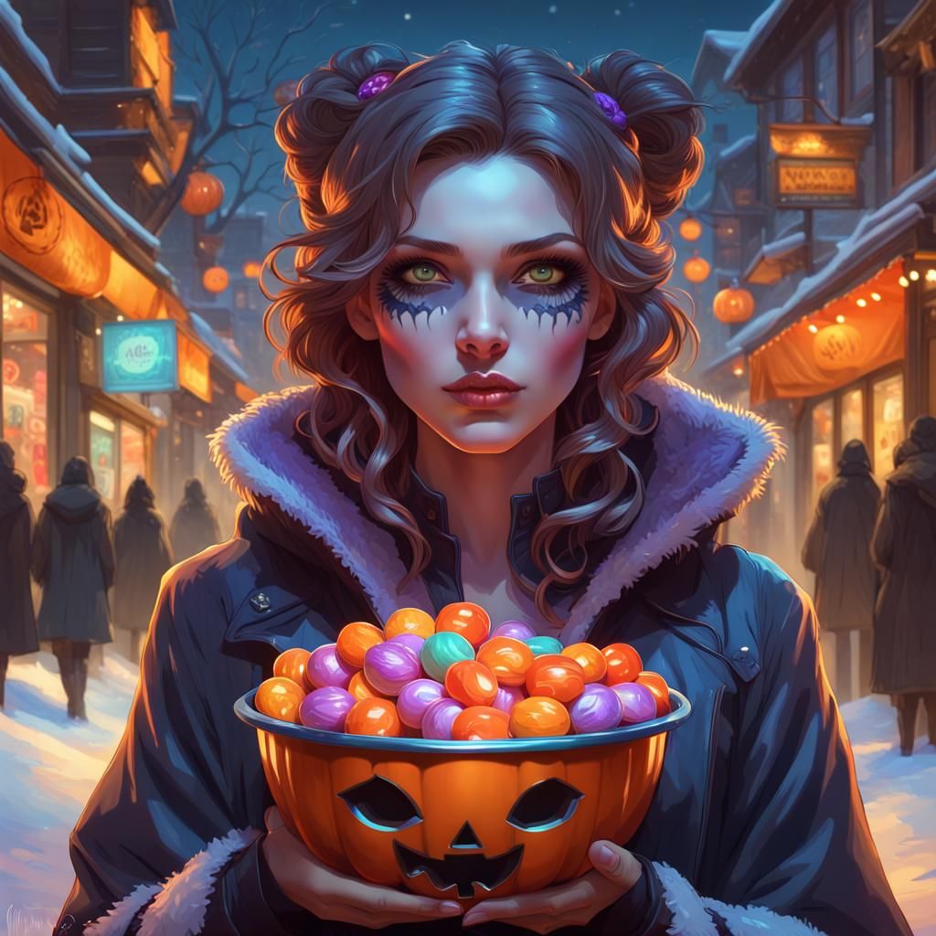 Halloween Woman with Candy Bowl in Hyperdetailed Portrait