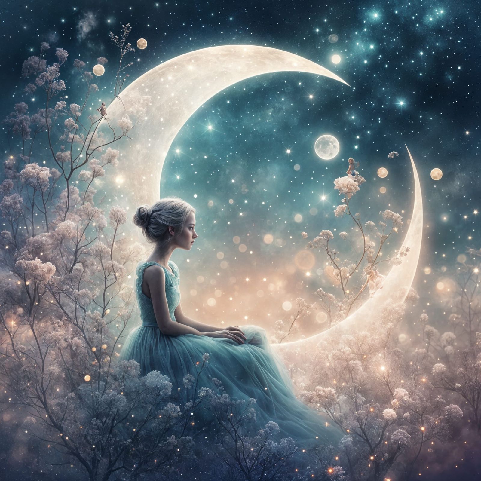 Fairy on Embossed Moon Under Starry Sky