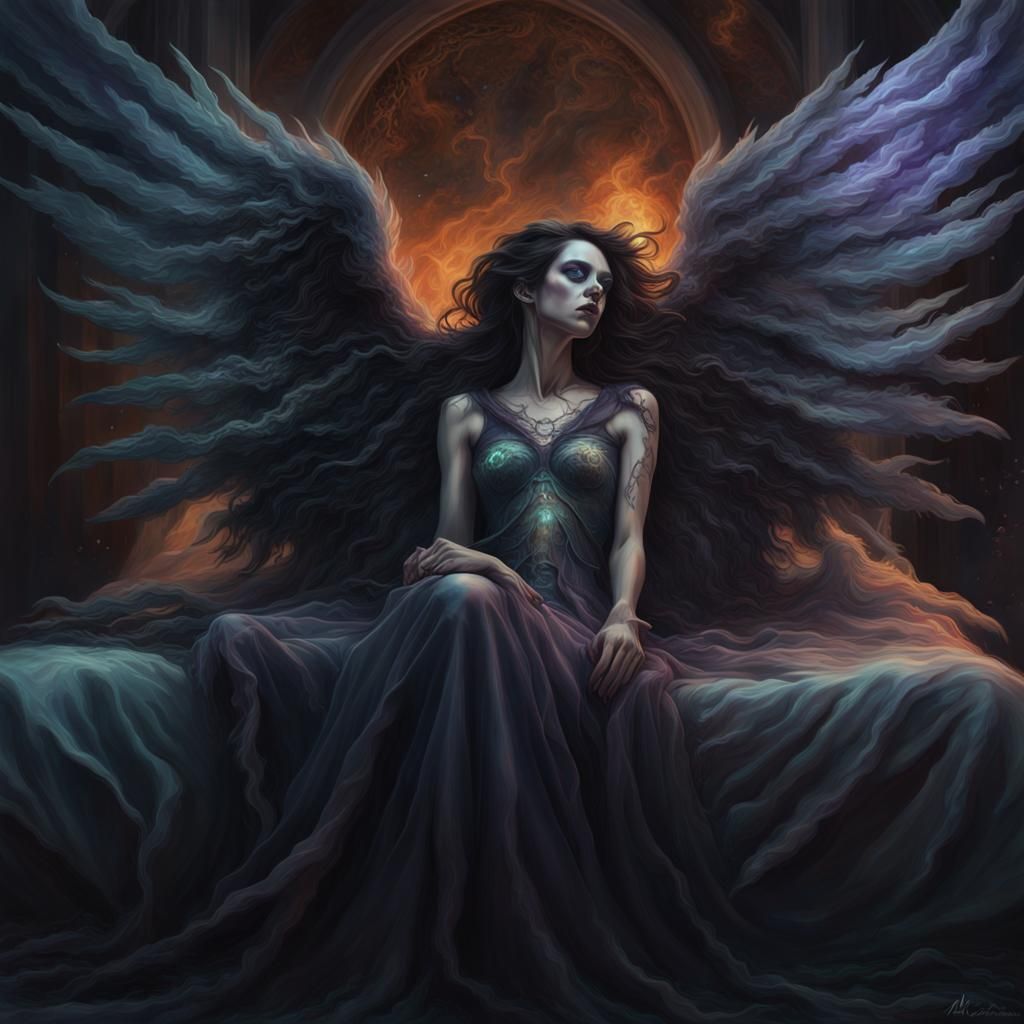 Surreal Undead Portrait on Angel Wings in Dreamlike Style
