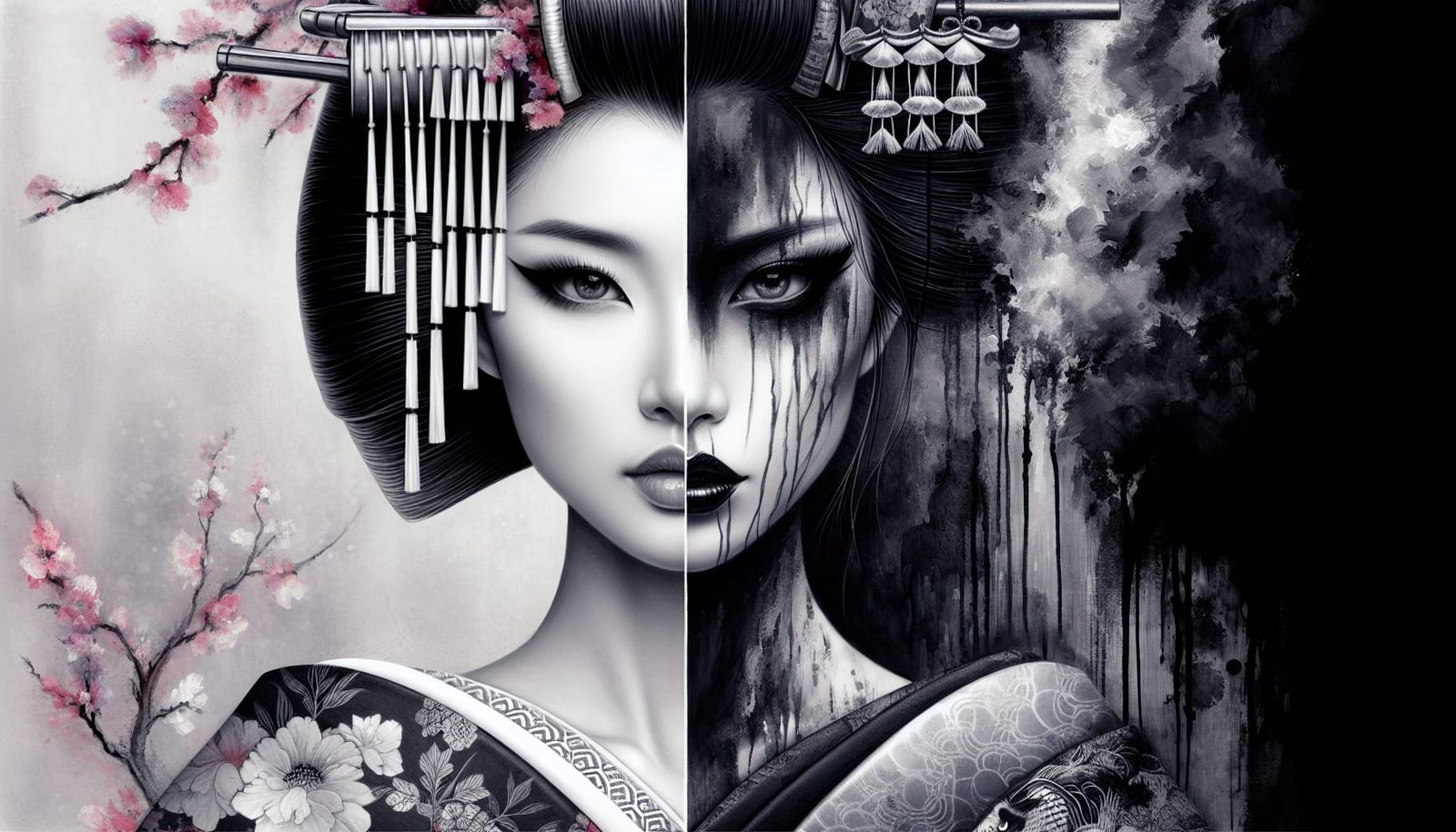 Geisha Duality: Serenity and Darkness in Gouache