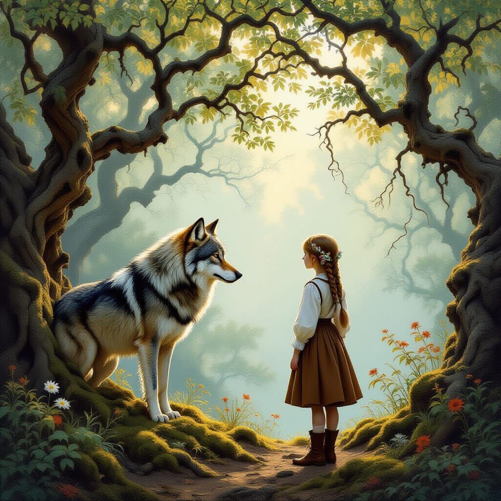 Girl and Wolf in Ancient Forest, Oil Painting Style