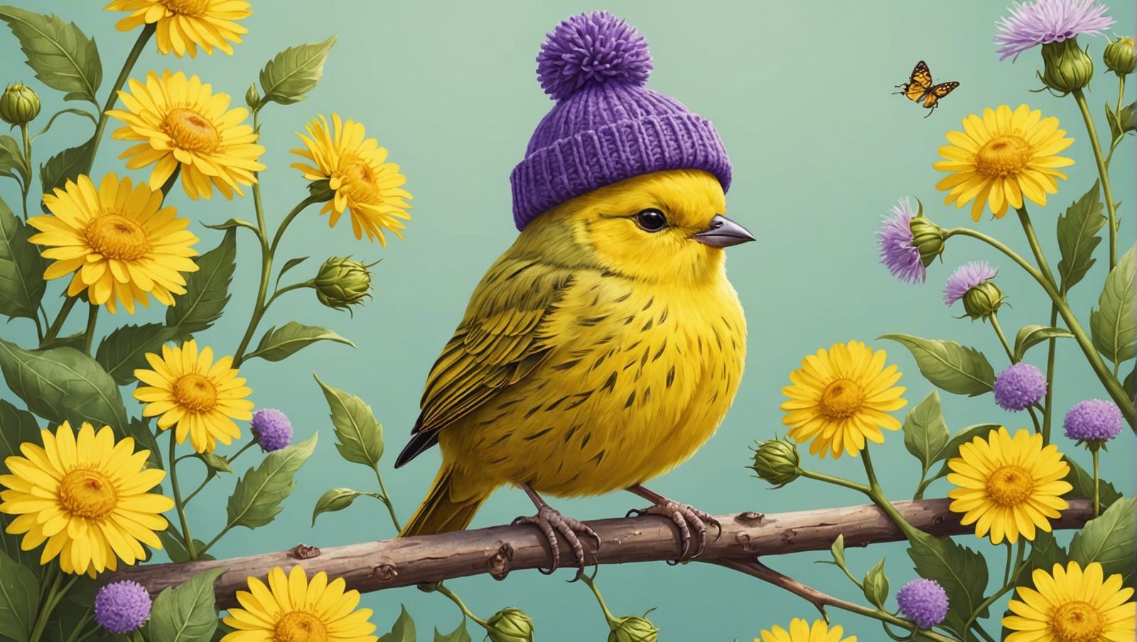 Yellow Bird in Purple Hat Illustration