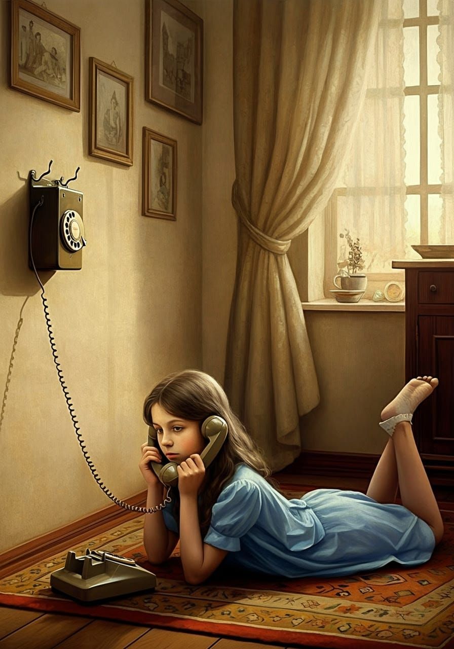 Nostalgic Girl on Phone in Cozy Room