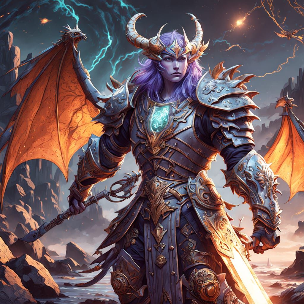 Majestic Aasimar Warrior in Metal Armor with Glowing Tattoos...