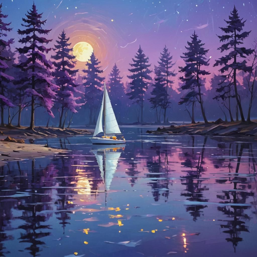 Neon Moon: Low-Poly Sailboat at Dawn