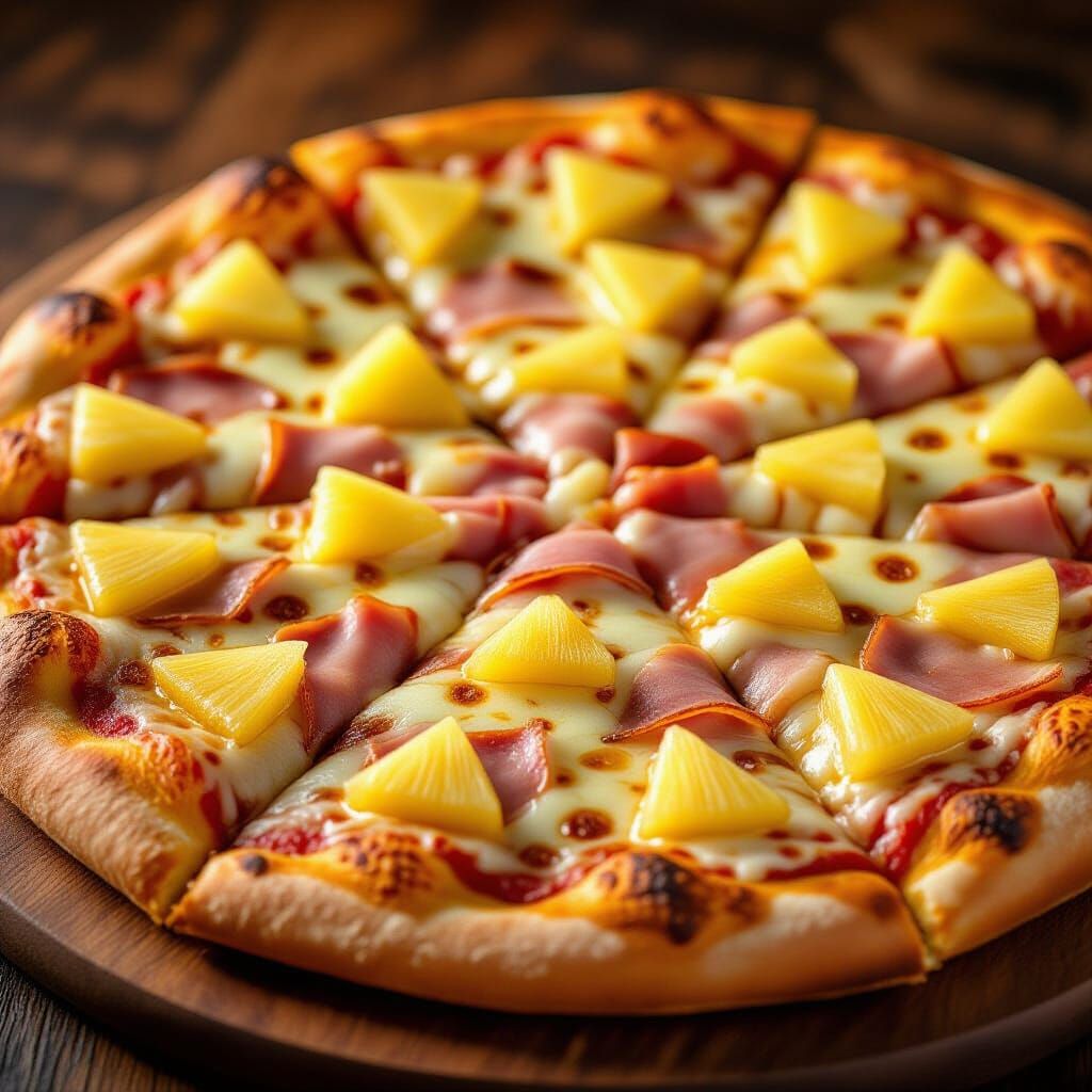 Photorealistic Hawaiian Pizza with Golden Crust and Melted C...