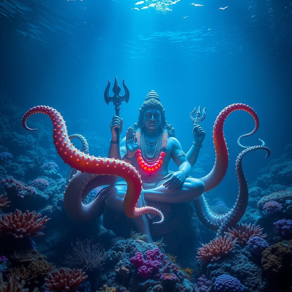 Bioluminescent Kraken in Sunken Coral Reef