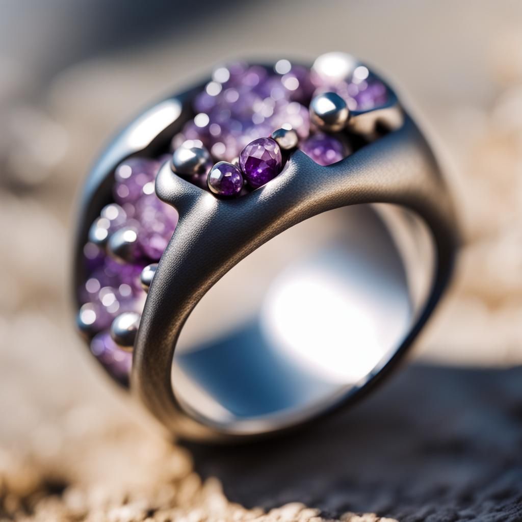 Irregular Steel Ring with Purple Stones